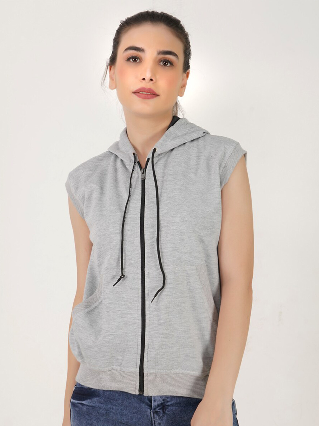 TEEMOODS Women Grey Melange Hooded Sweatshirt