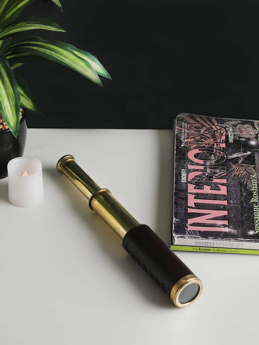 Home Sparkle Gold-Toned & Black Solid Leather Wrapped Telescope Showpiece