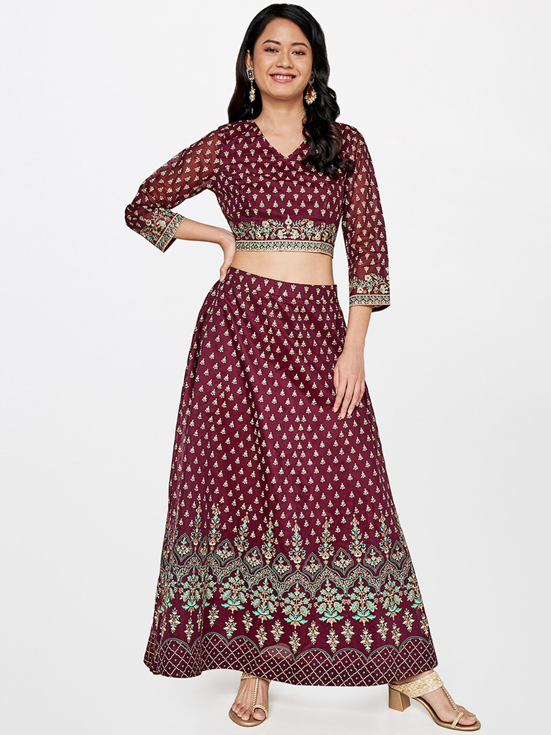 Global Desi Women Maroon Printed Straight Skirts