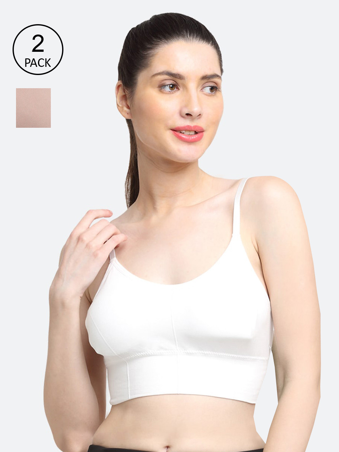 Friskers Women Pack of 2 White & Nude Colored Cotton Solid Sports Bra