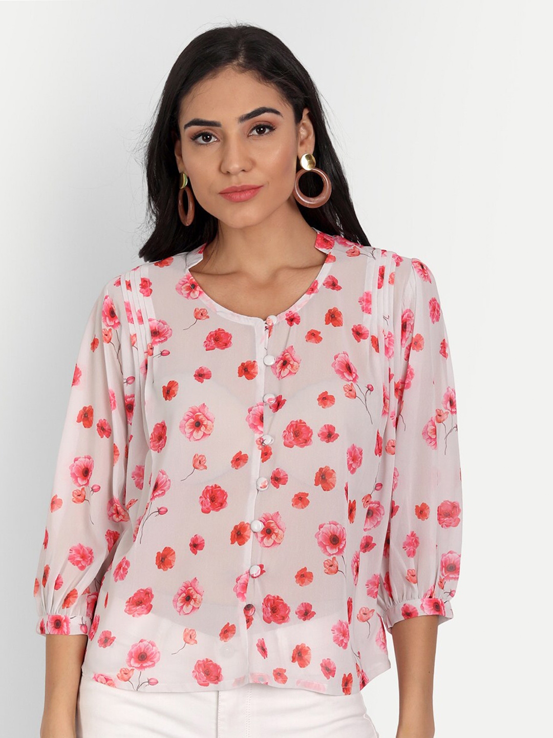 Buy MOOMAYA Floral V-Neck Georgette Women's Casual Wear Shirt