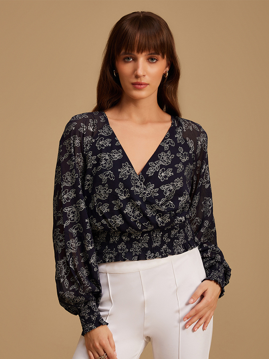 Kazo Blue & White Floral Printed Smocked Wrap Crop Top