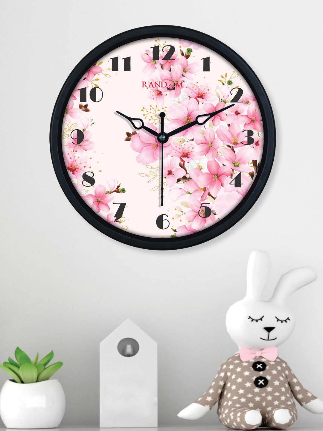 RANDOM Flower Off White Plastic Large Display Round Battery Analogue Wall Clock-20.3cm