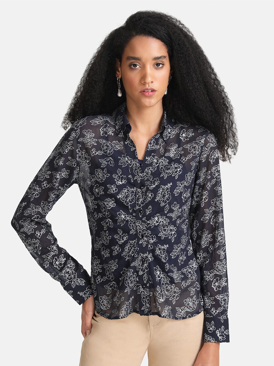 Kazo Women Blue Floral Printed Casual Shirt