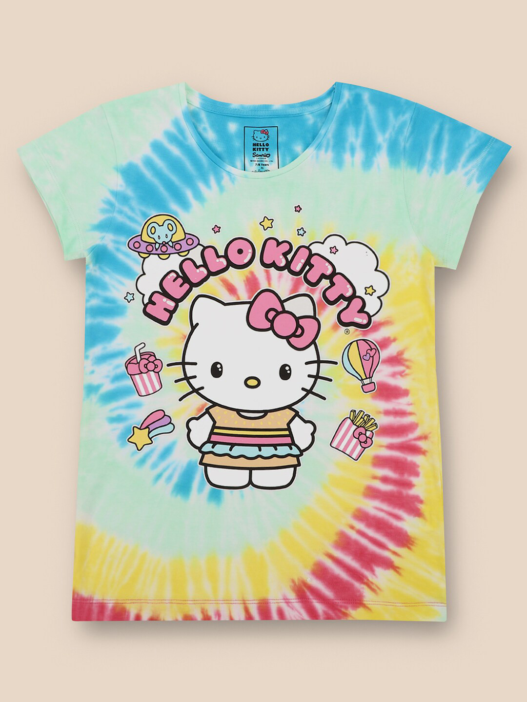 Kids Ville Girls Blue & Yellow Hello Kitty Printed Cotton T-shirt