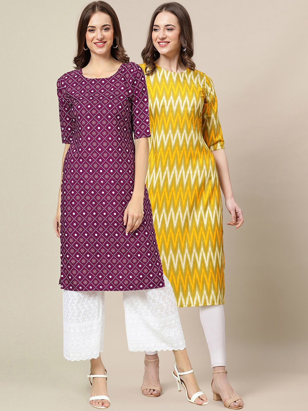 7Threads Women Pack Of 2 Purple & Yellow Ethnic Motifs Printed Crepe Kurta