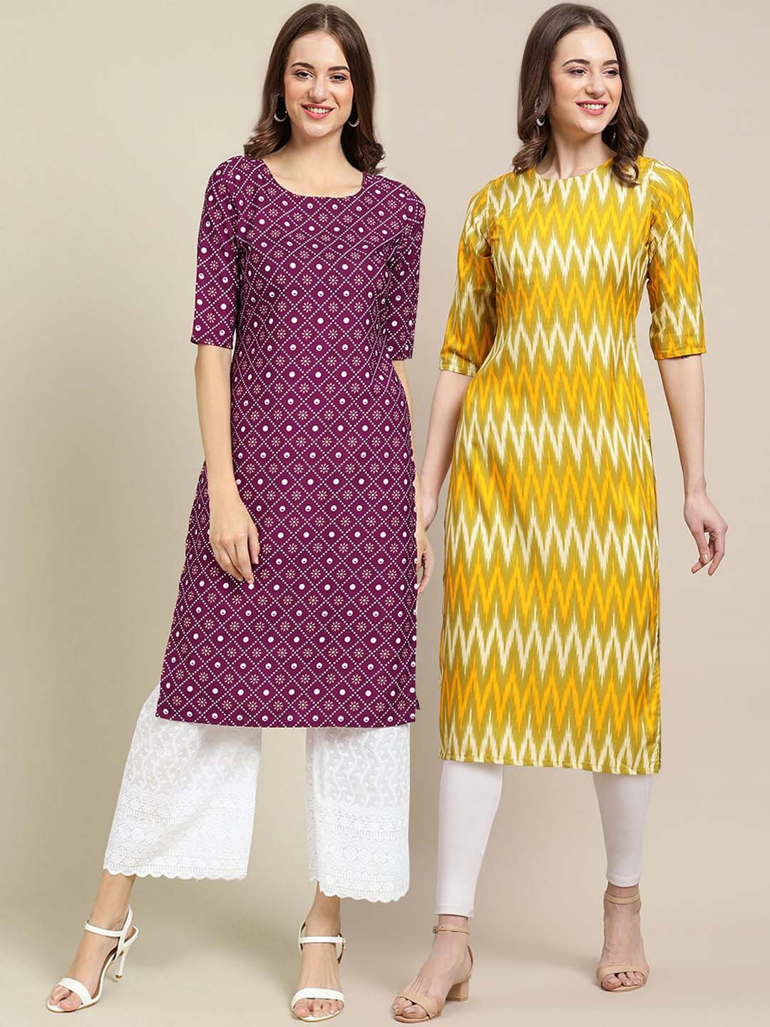 7Threads Women Yellow & Magenta Pack Of 2 Geometric Printed Summer Sheers Crepe Kurta
