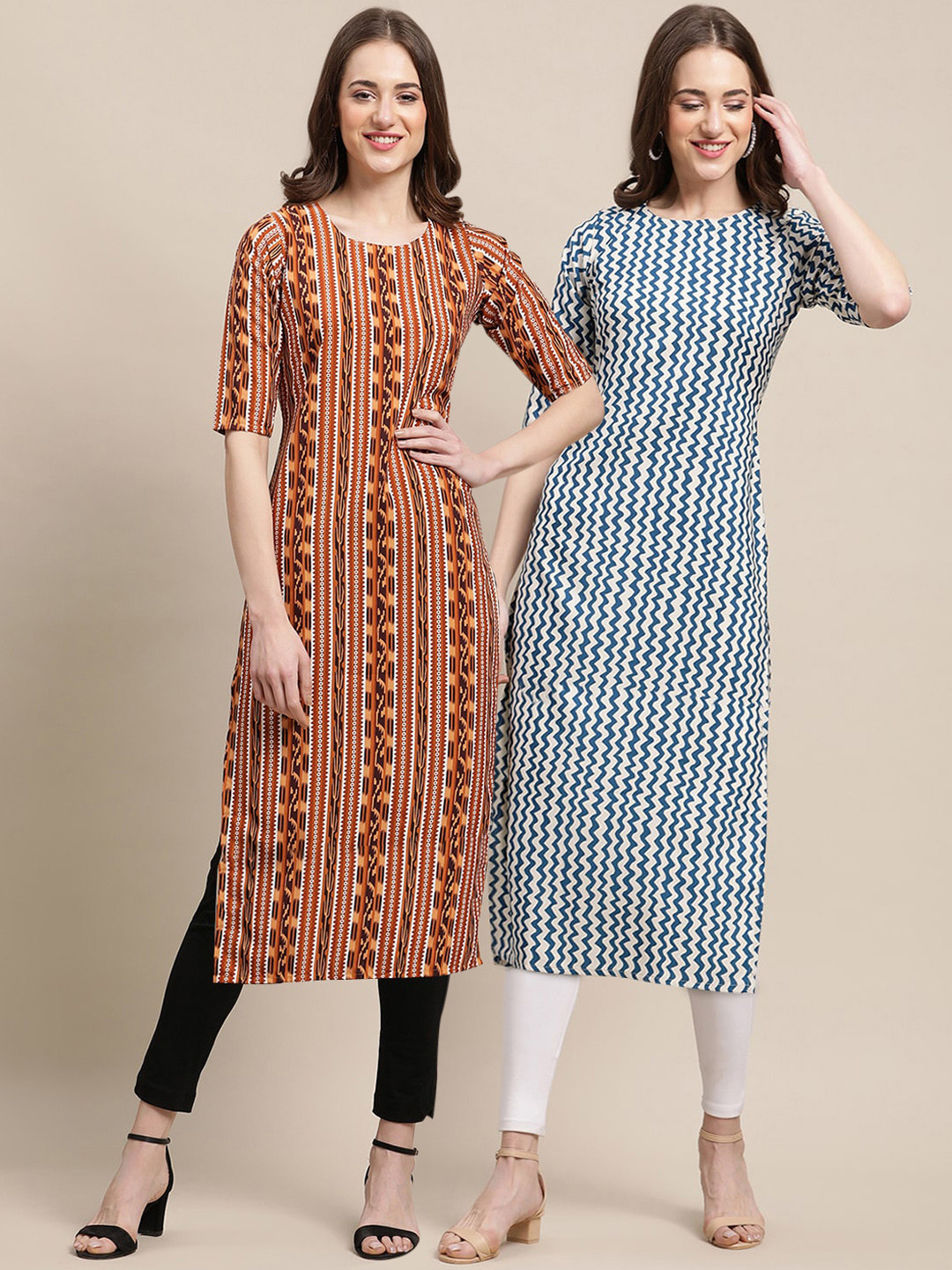 7Threads Women Pack of 2 White & Brown Geometric Striped Summer Sheers Crepe Kurtas