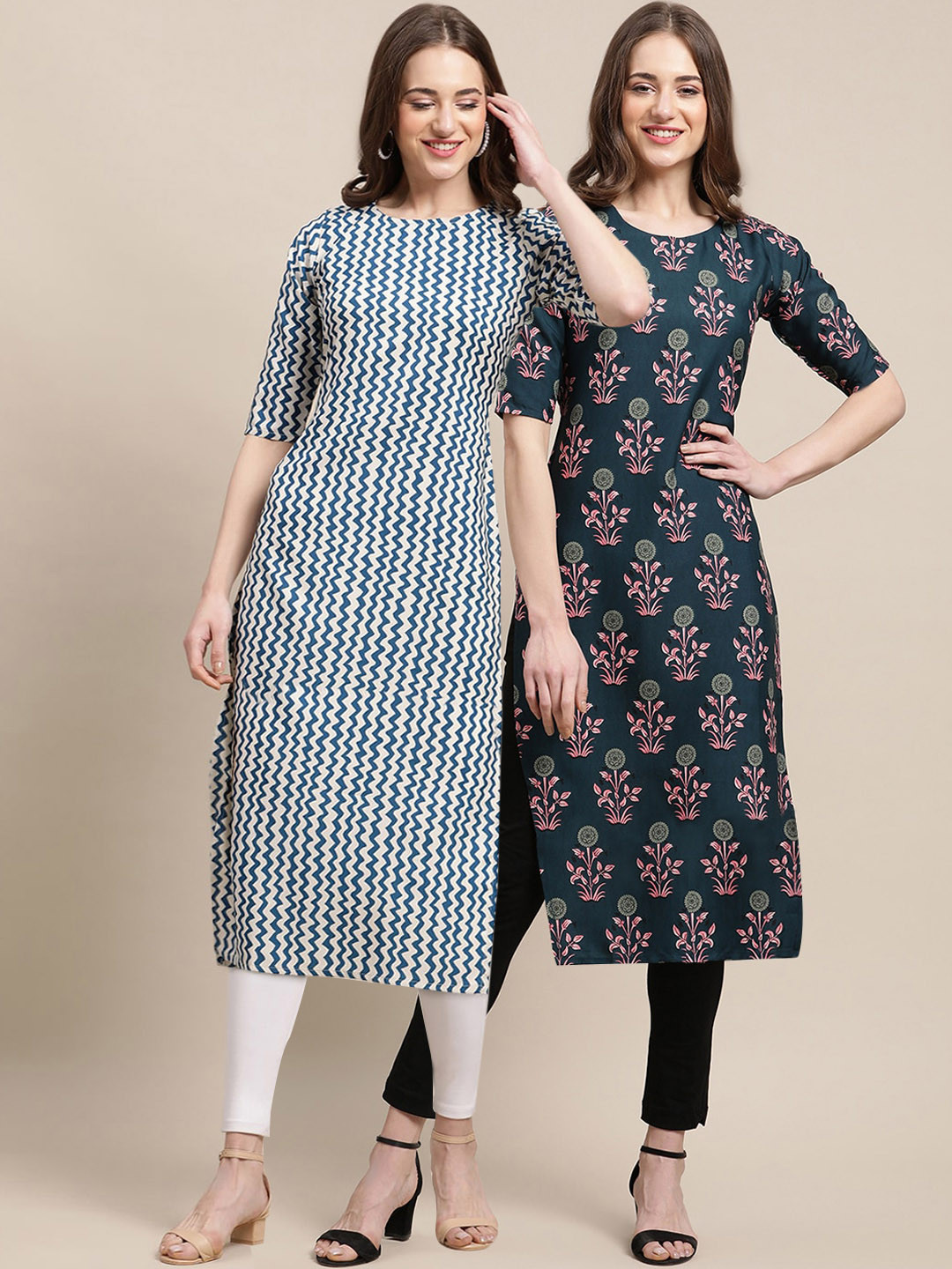 7Threads PACK OF 2 Women Blue & Green Ethnic Motif Printed Summer Sheers Crepe Kurta