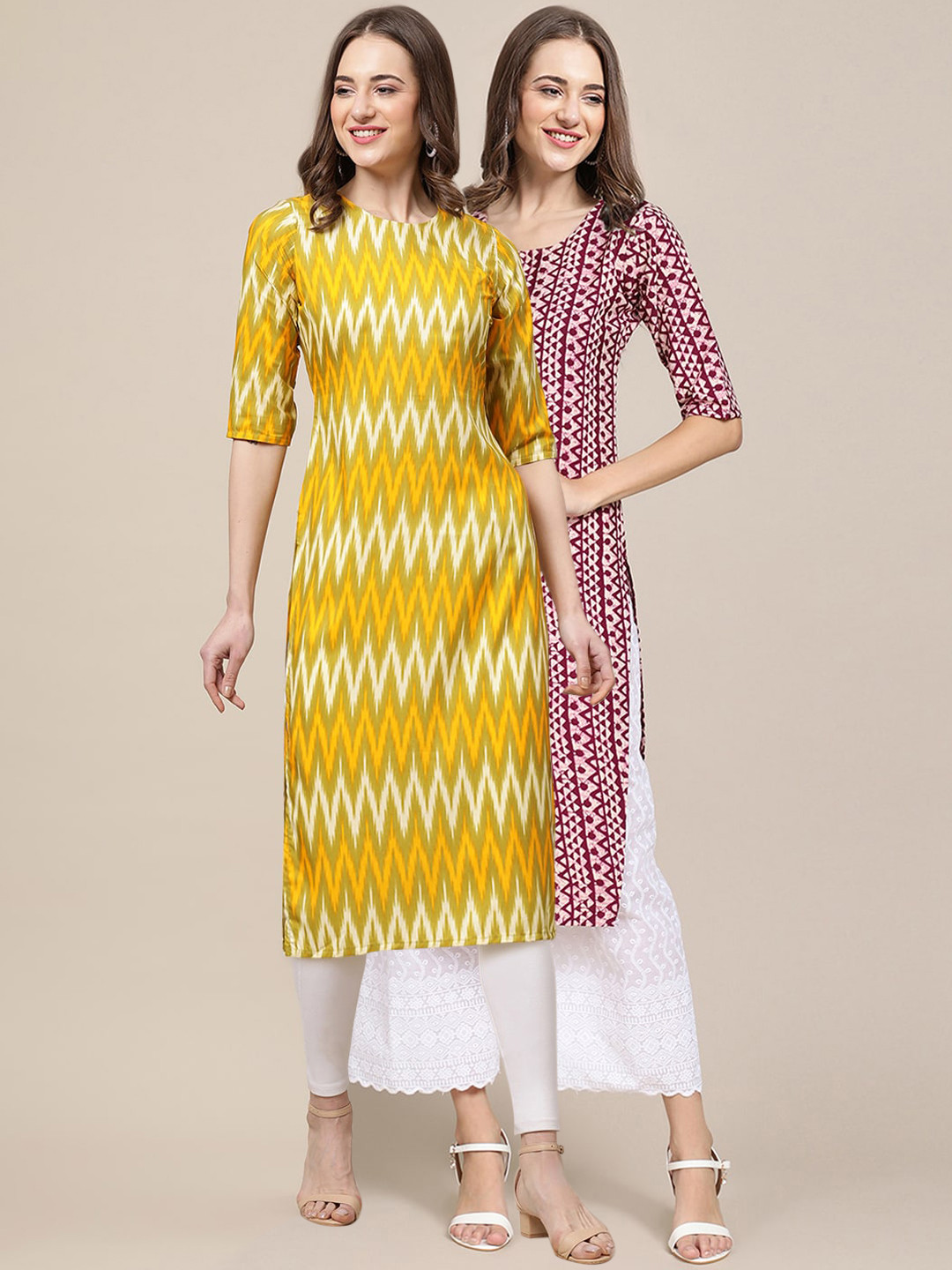 7Threads Women Pack of 2 Green & Burgundy Geometric Printed Summer Sheers Crepe Kurta