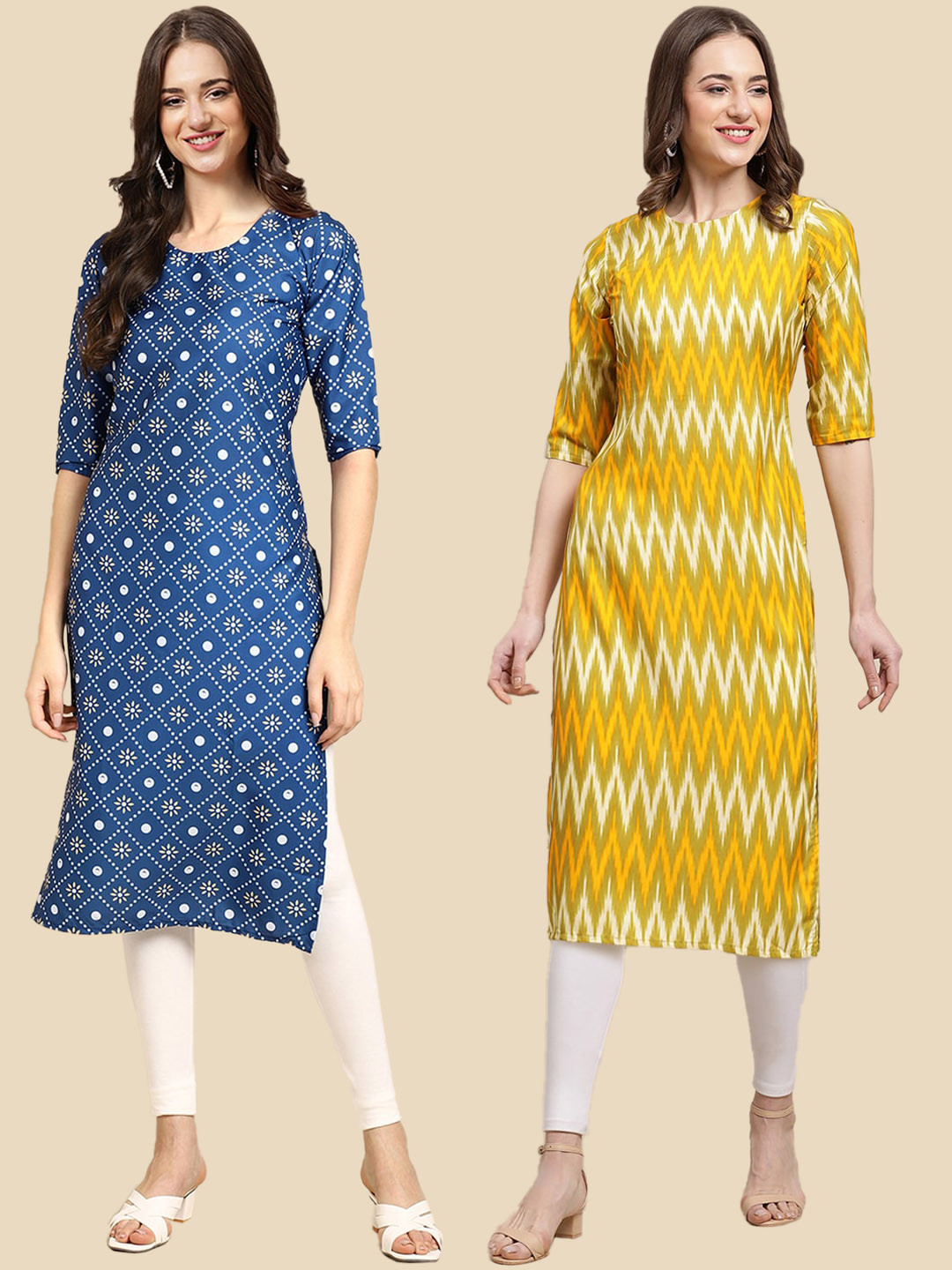 7Threads Women's Crepe Blue & Yellow Ethnic Motif Printed Summer Straight Kurta