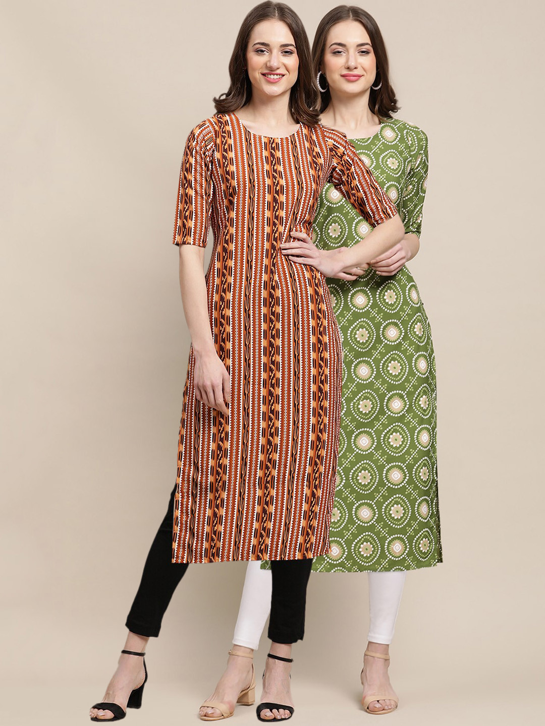 7Threads Women's Crepe Green & Brown Ethnic Motifs Printed Summer Straight Kurta