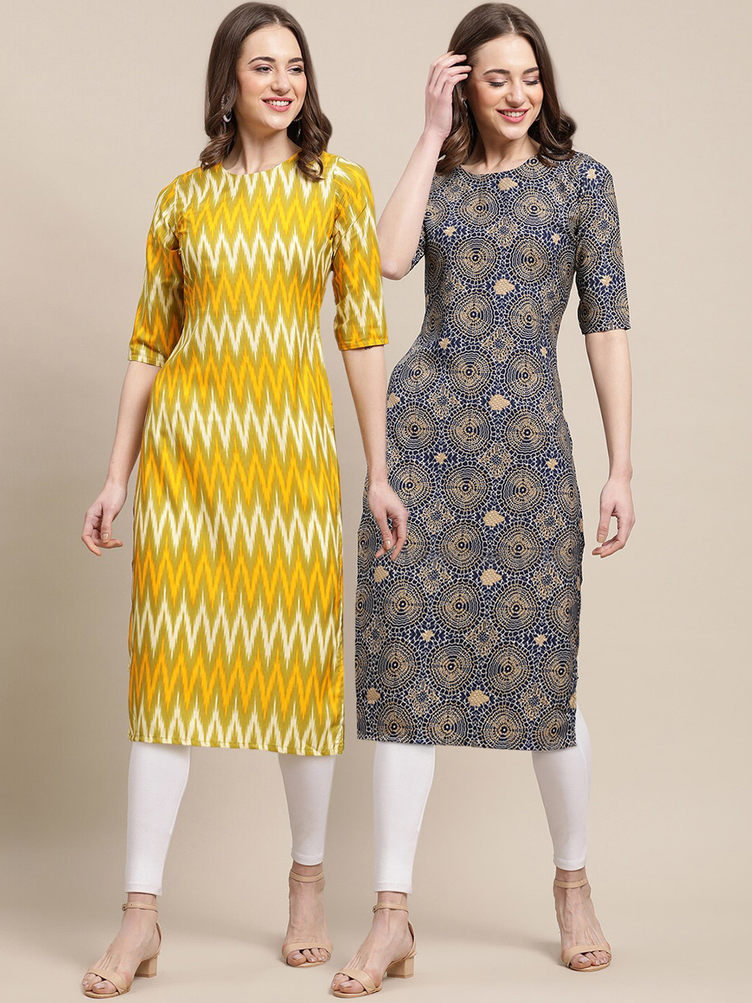 7Threads Women's Crepe Pack OF 2 Blue & Yellow Color Ethnic Motif Printed Straight Kurta