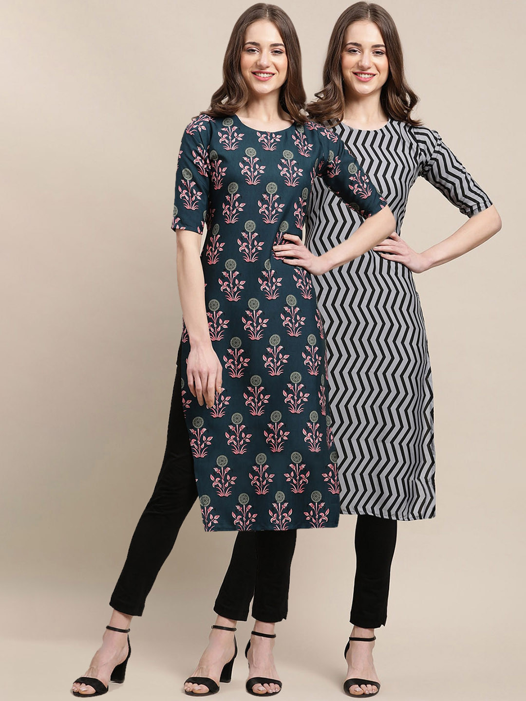 7Threads Women's Crepe Grey & Teal Color Floral Printed Straight Kurta (PACK OF 2)