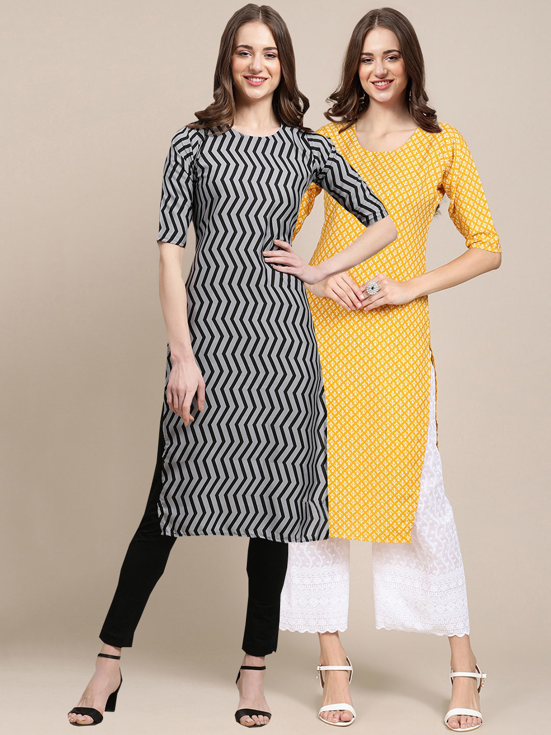 7Threads Women's Crepe Grey & Yellow Color Ethnic Motif Printed Straight Kurta (PACK OF 2)