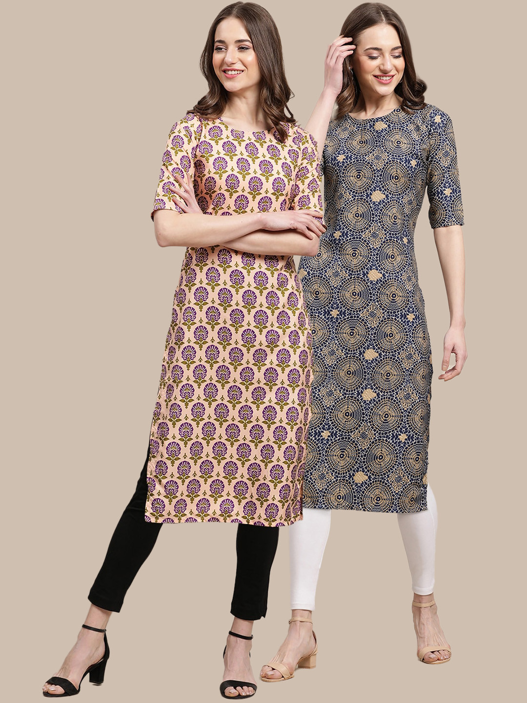 7Threads Women's Crepe Blue & Beige Color Ethnic Motif Printed Straight Kurta (PACK OF 2)