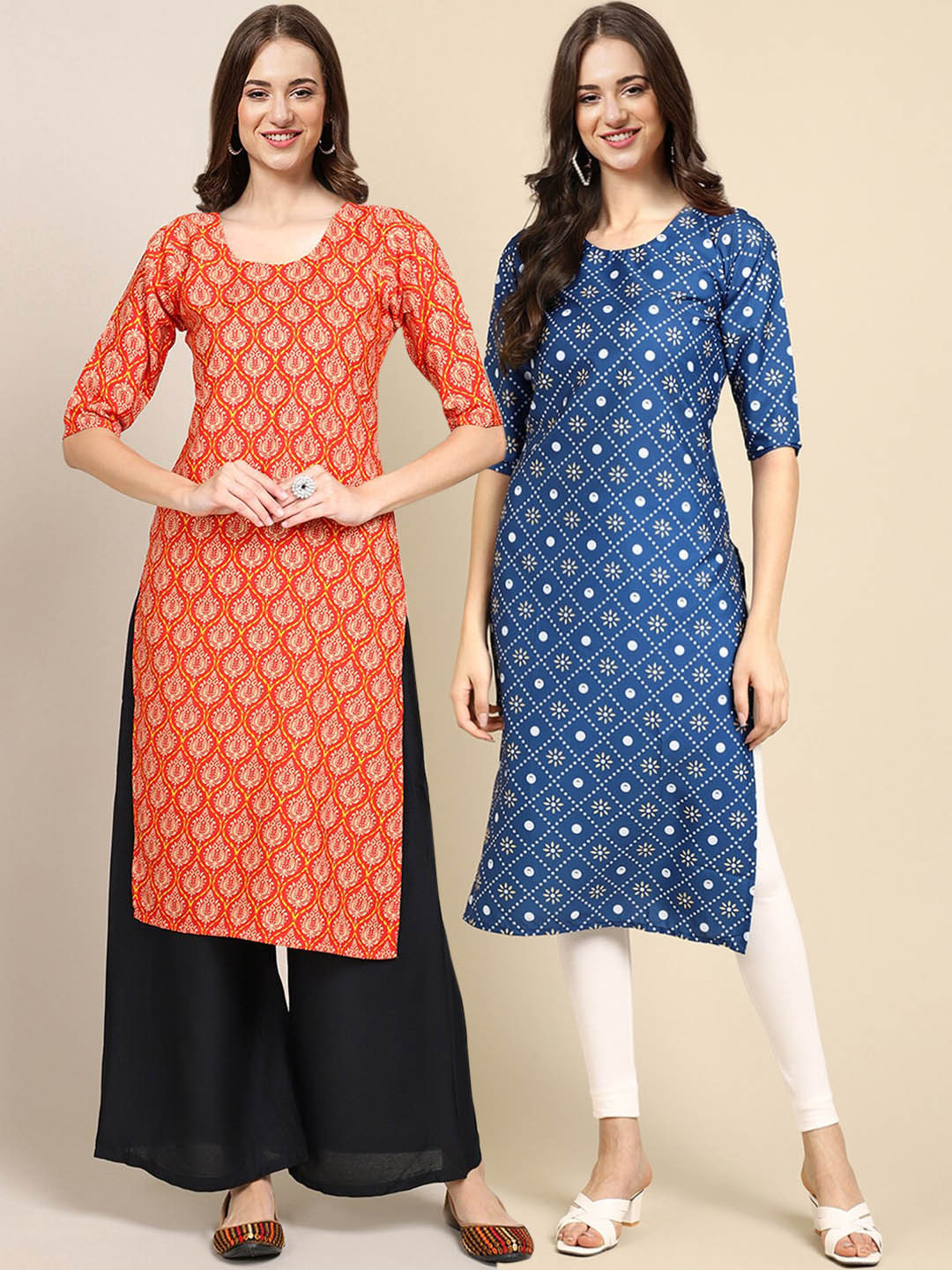 7Threads Women's Crepe Pack OF 2 Blue & Orange Color Ethnic Motif Printed Straight Kurta