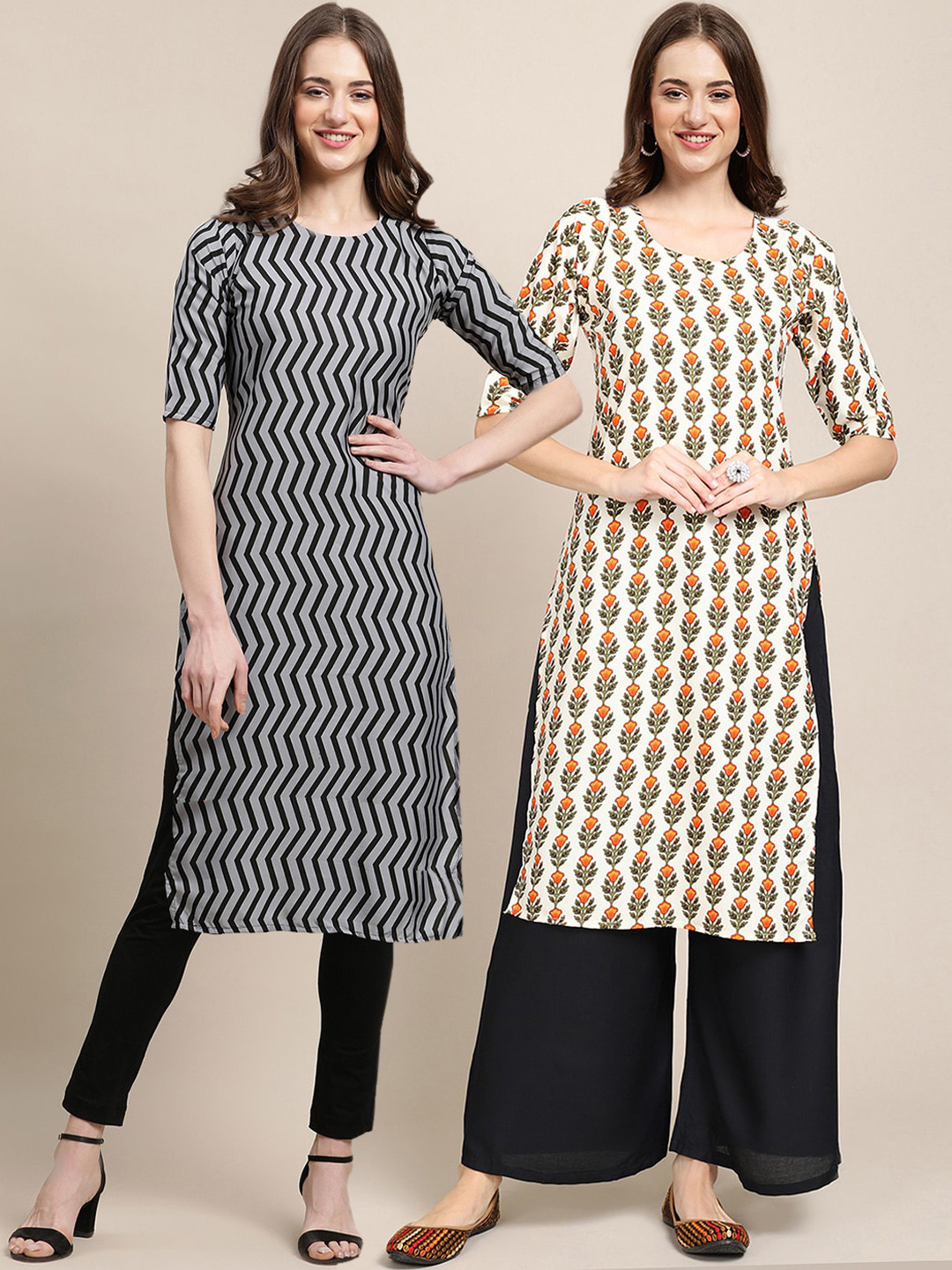 7Threads Women's Crepe Pack OF 2 Beige & Grey Color Ethnic Motifs Printed Straight Kurta