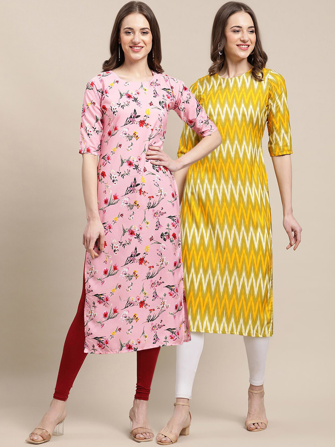 7Threads Women's Crepe Pack OF 2 Pink & Yellow Color Floral Printed Printed Straight Kurta