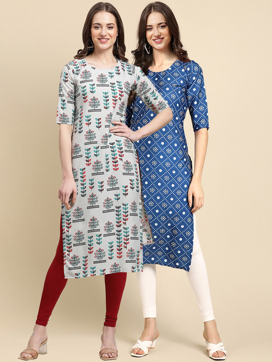7Threads Women's Crepe Blue & Beige Color Ethnic Motif Printed Straight Kurta Pack OF 2