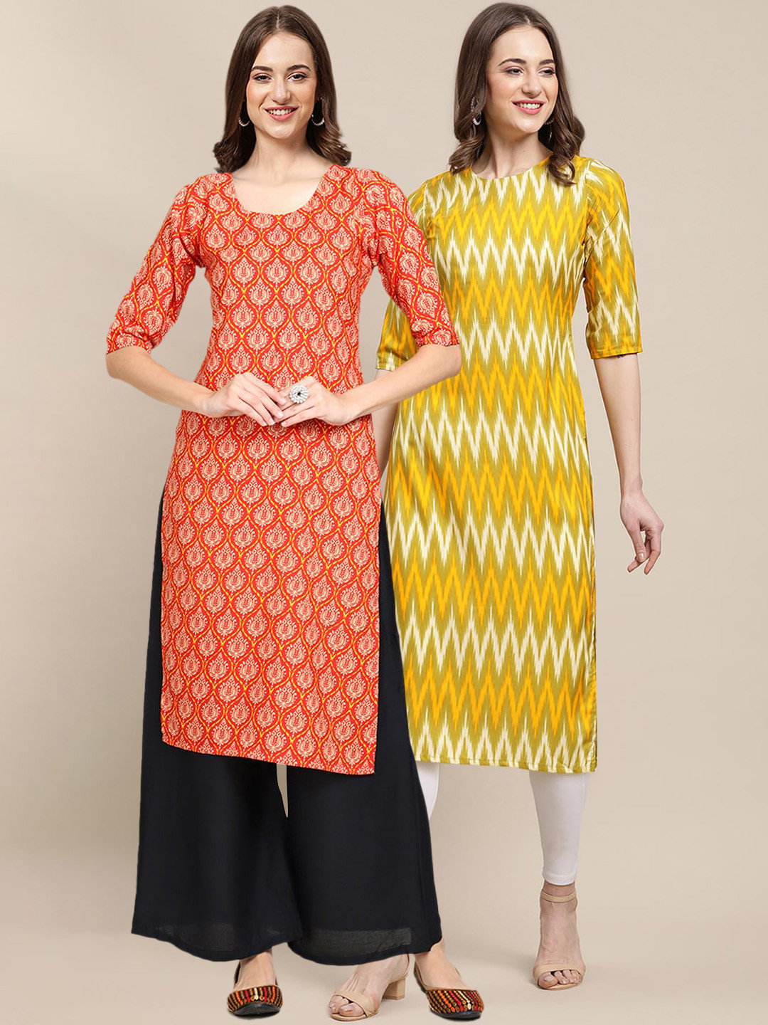 7Threads Women's Crepe Orange & Yellow Color Ethnic Motif Printed Straight Kurta Pack OF 2