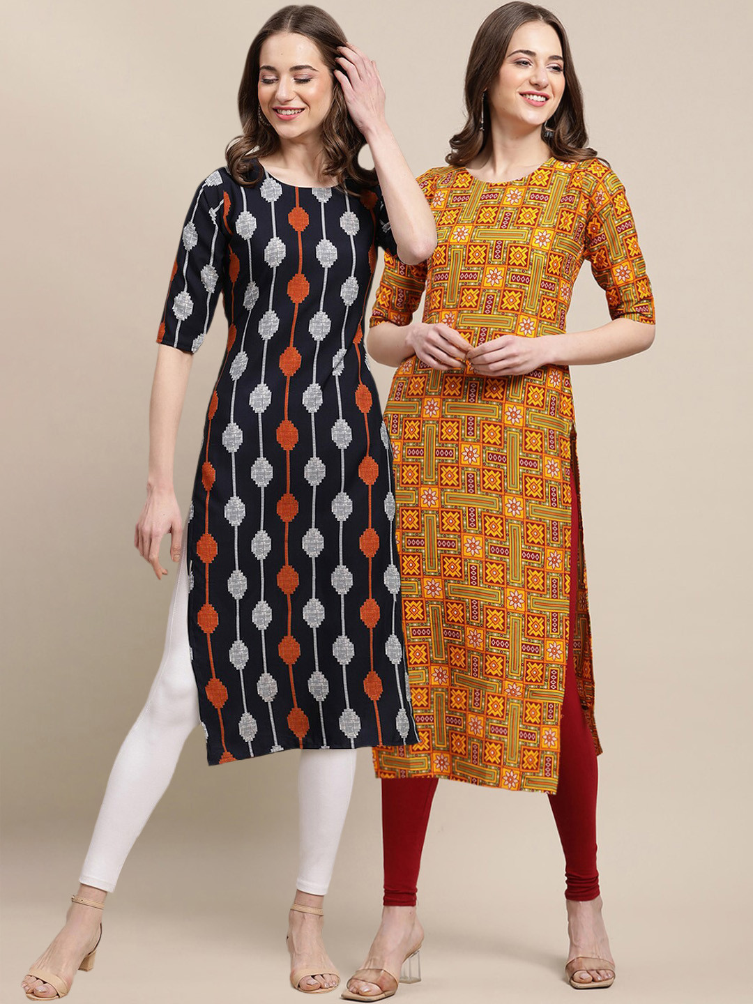 7Threads Crepe Black & Mustard Color Ethnic Motif Printed Straight Kurta Pack OF 2