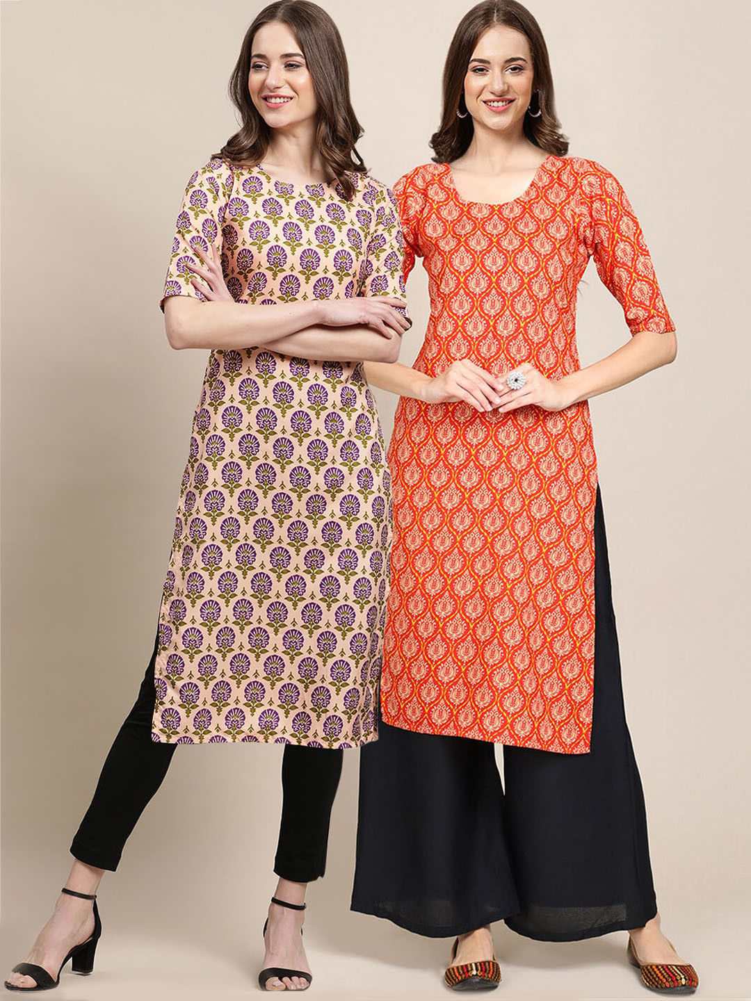 7Threads Women's Crepe Beige & Orange Color Ethnic Motif Printed Straight Kurta Pack OF 2