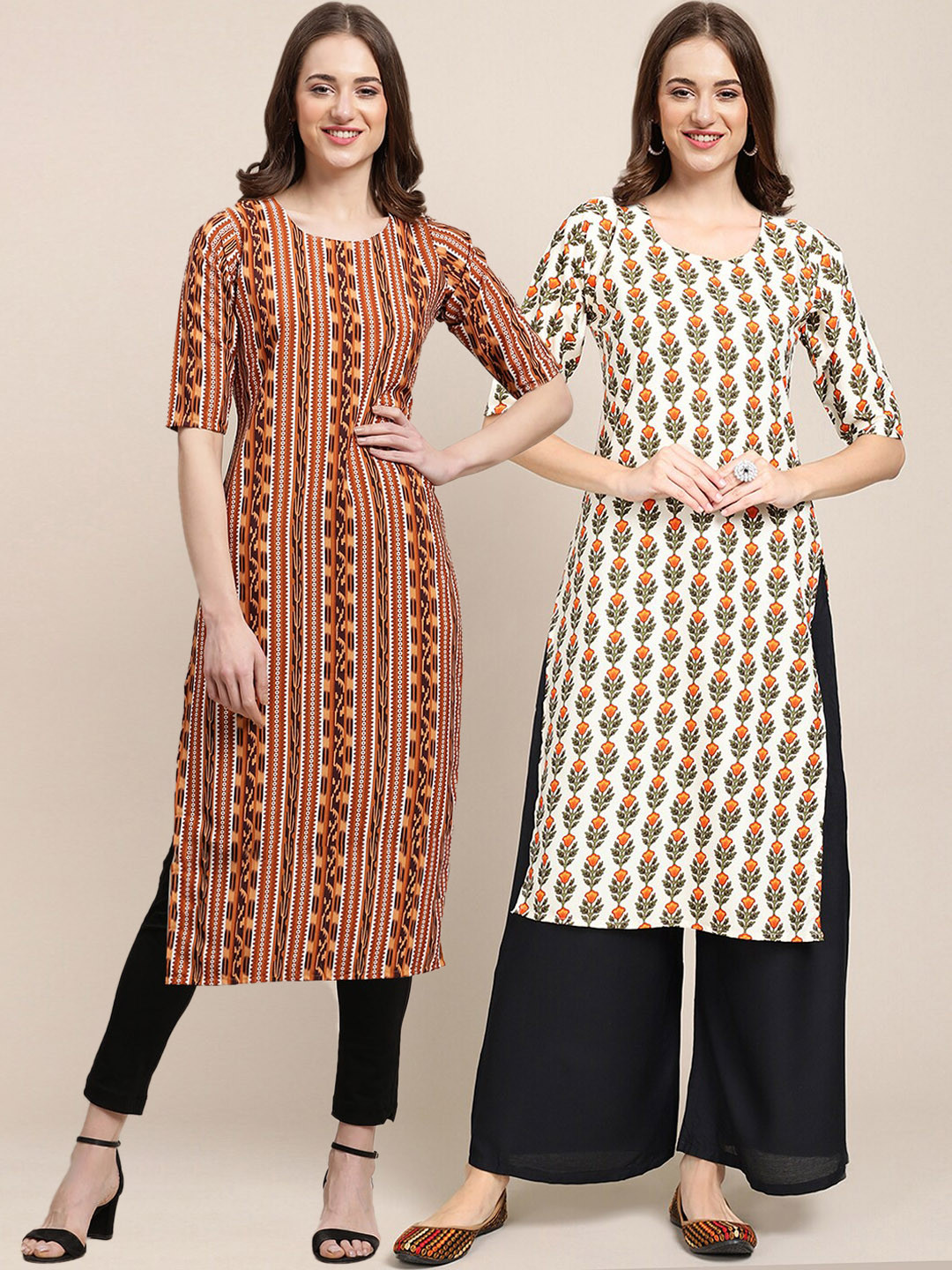 7Threads Women's Crepe Beige & Brown Color Ethnic Motif Printed Straight Kurta Pack OF 2