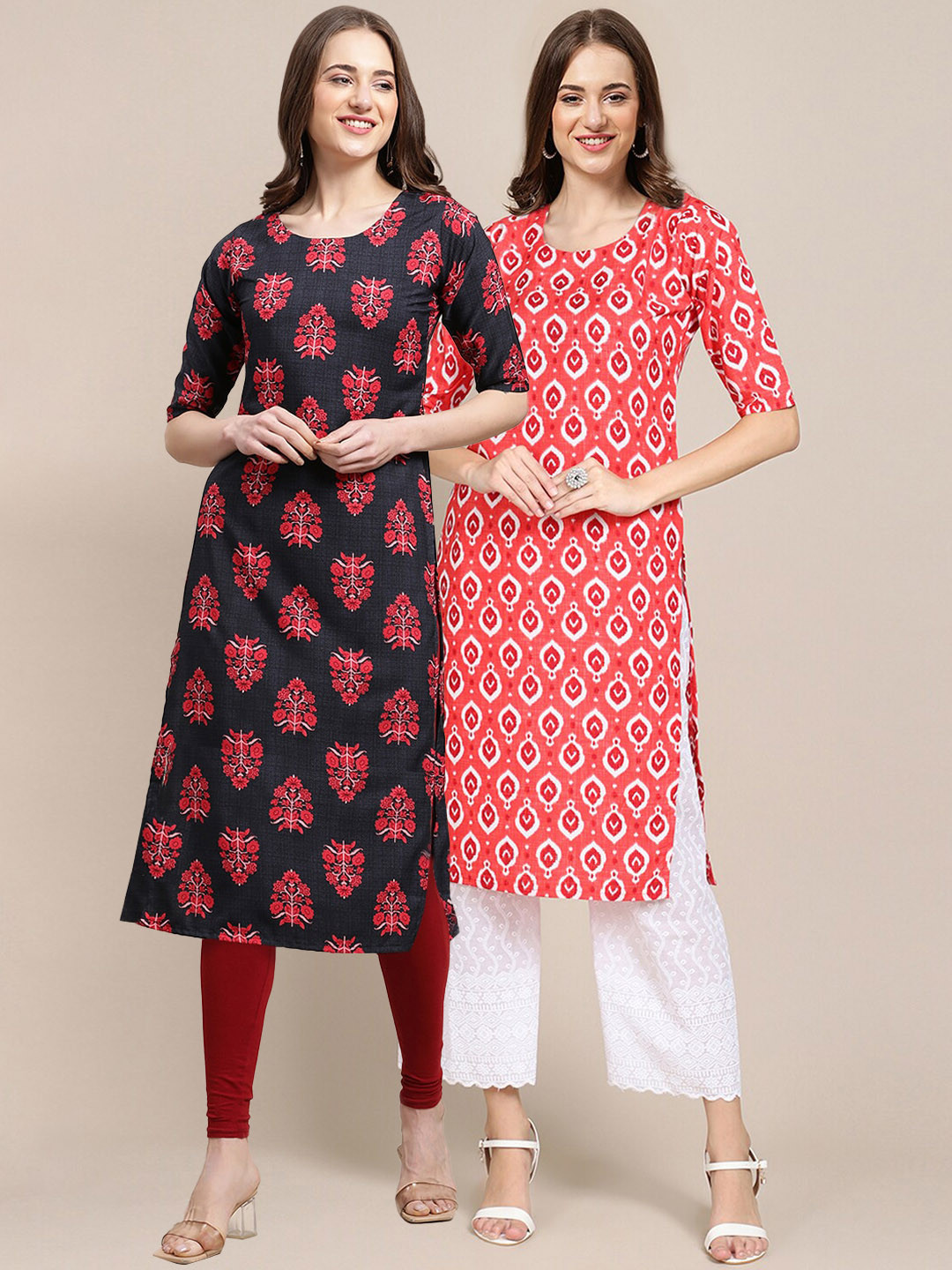 7Threads Women's Crepe Black & Red Color Ethnic Motifs Printed Straight Kurta (PACK OF 2)