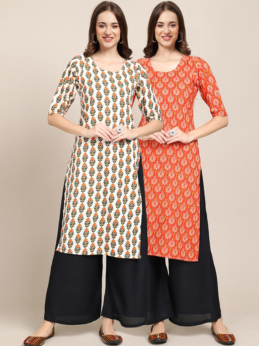 7Threads Women's Crepe Beige & Orange Color Ethnic Motifs Printed Straight Kurta (PACK OF 2)