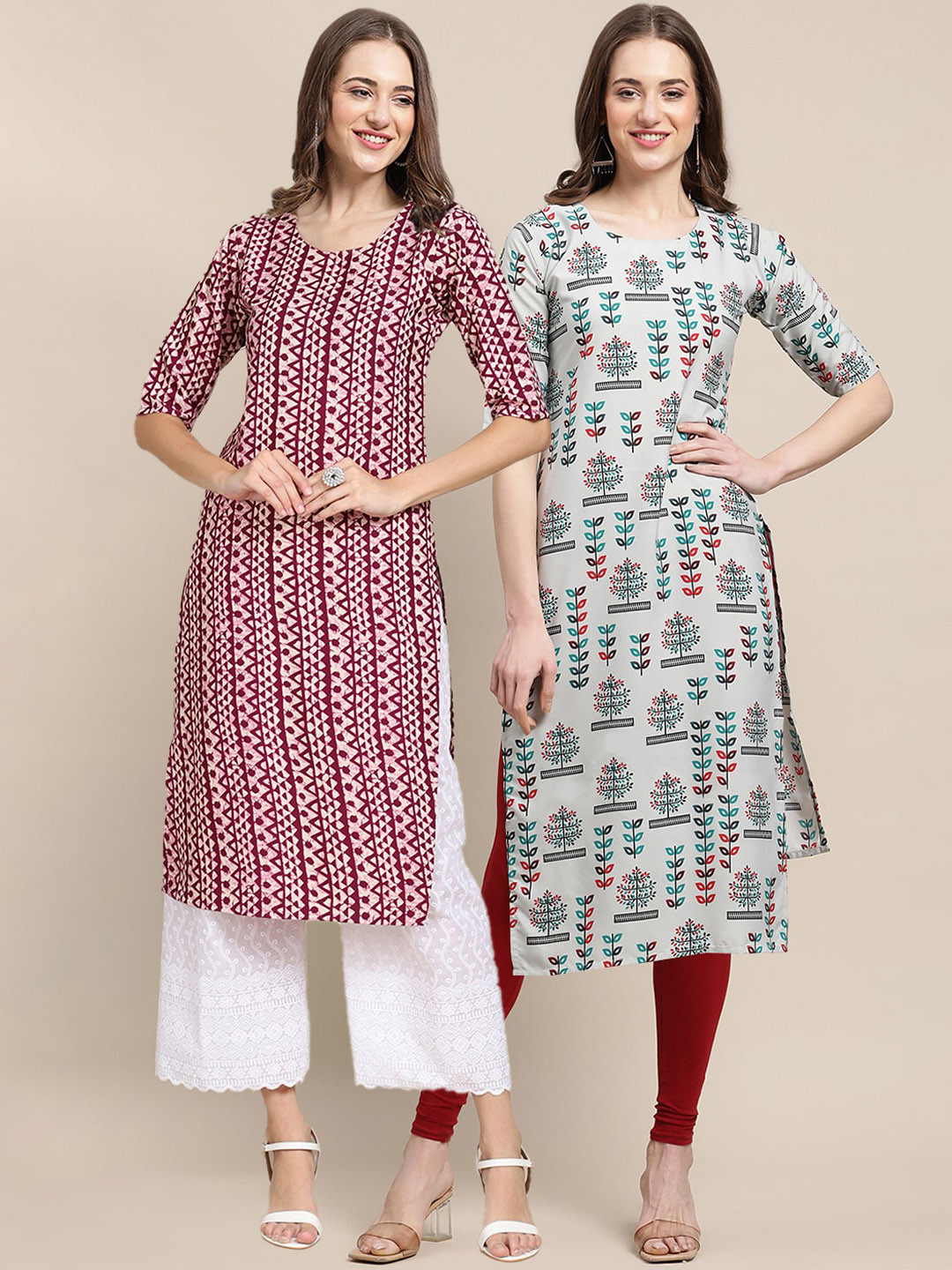 7Threads Women's Crepe Beige & Maroon Color Ethnic Motif Printed Straight Kurta (PACK OF 2)
