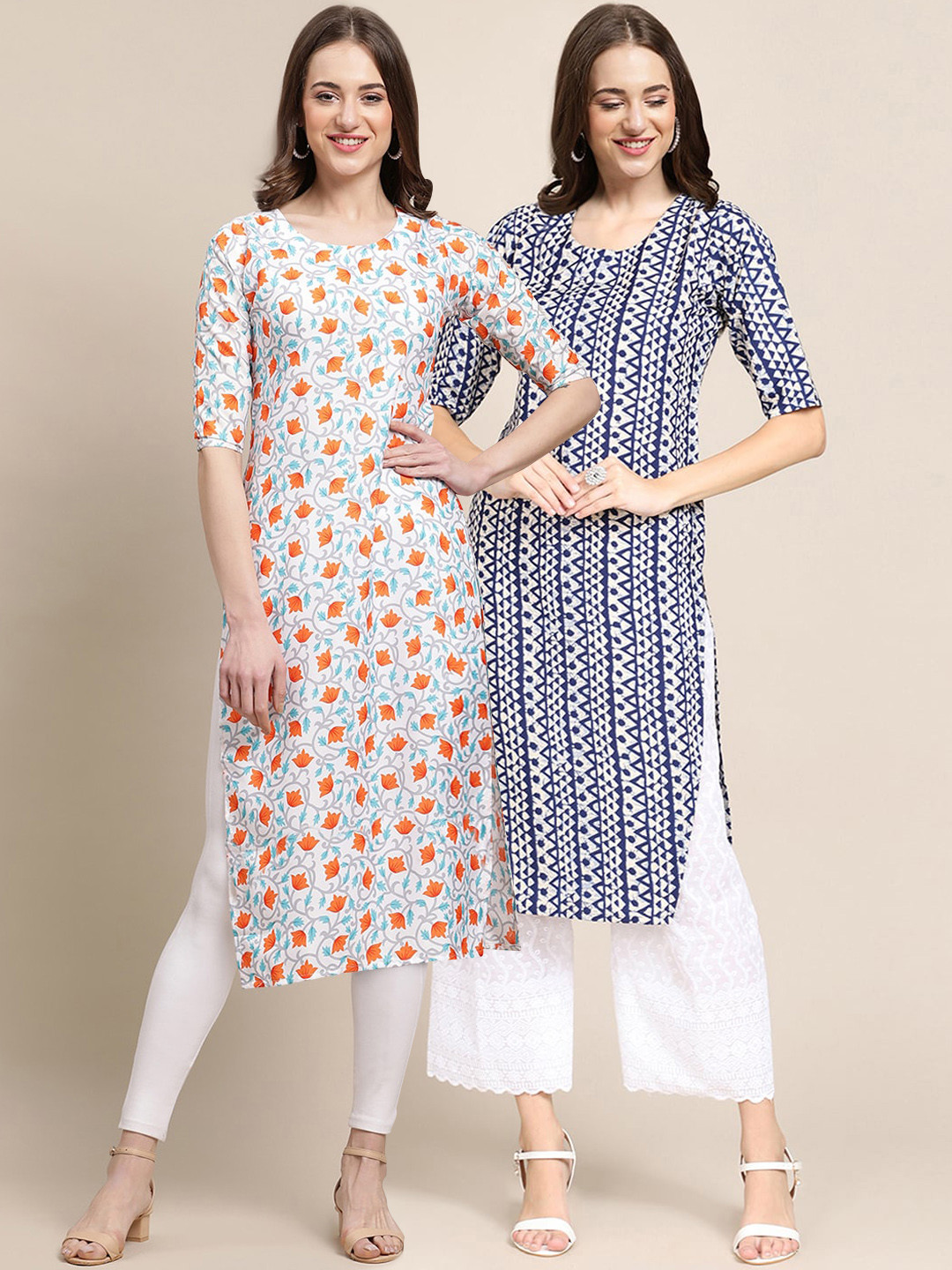 7Threads Women's Crepe Beige & Blue Color Floral Printed Straight Kurta (PACK OF 2)