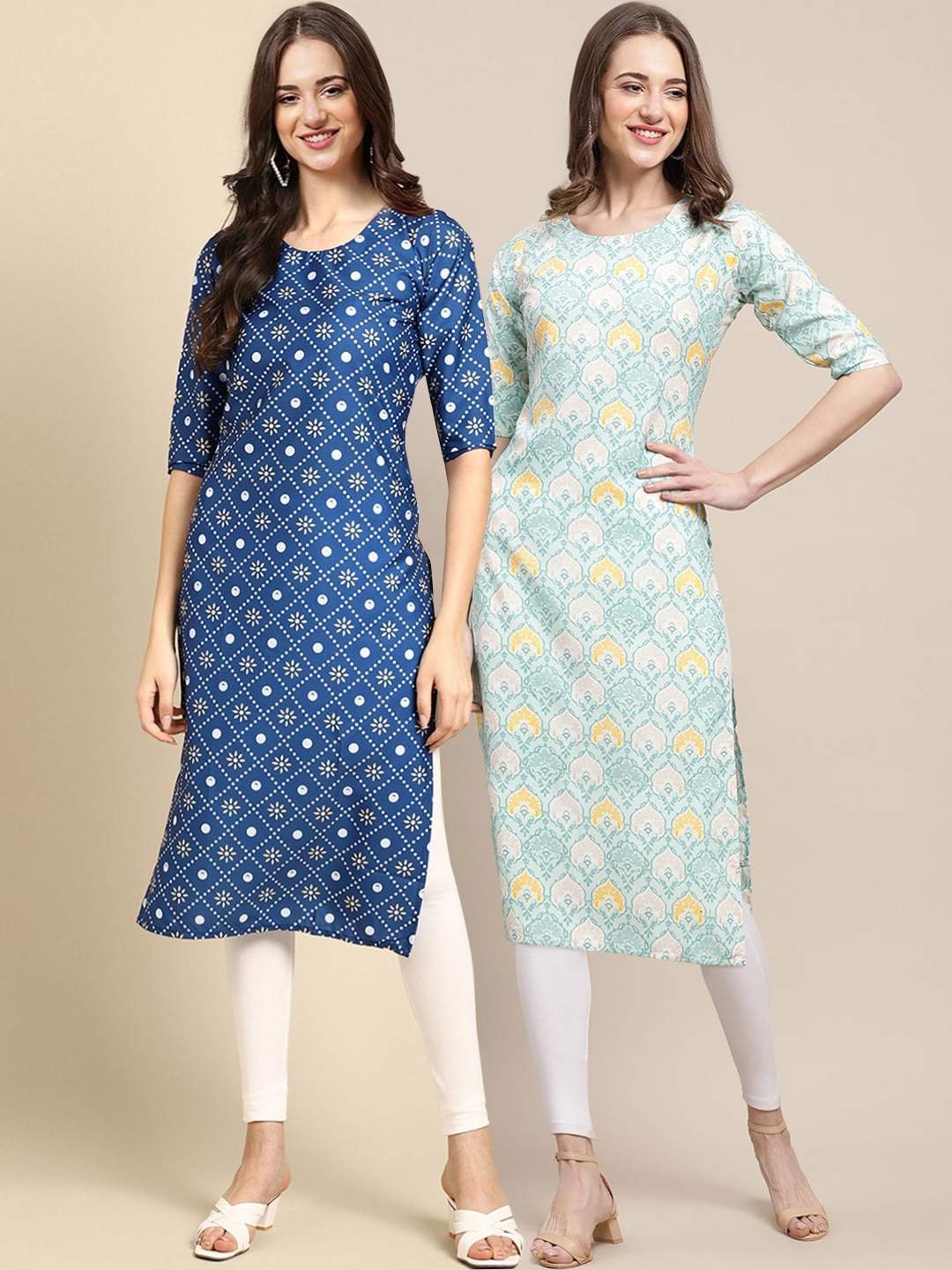 7Threads Women's Crepe Blue & Turquoise Color Ethnic Motif Printed Straight Kurta PACK OF 2