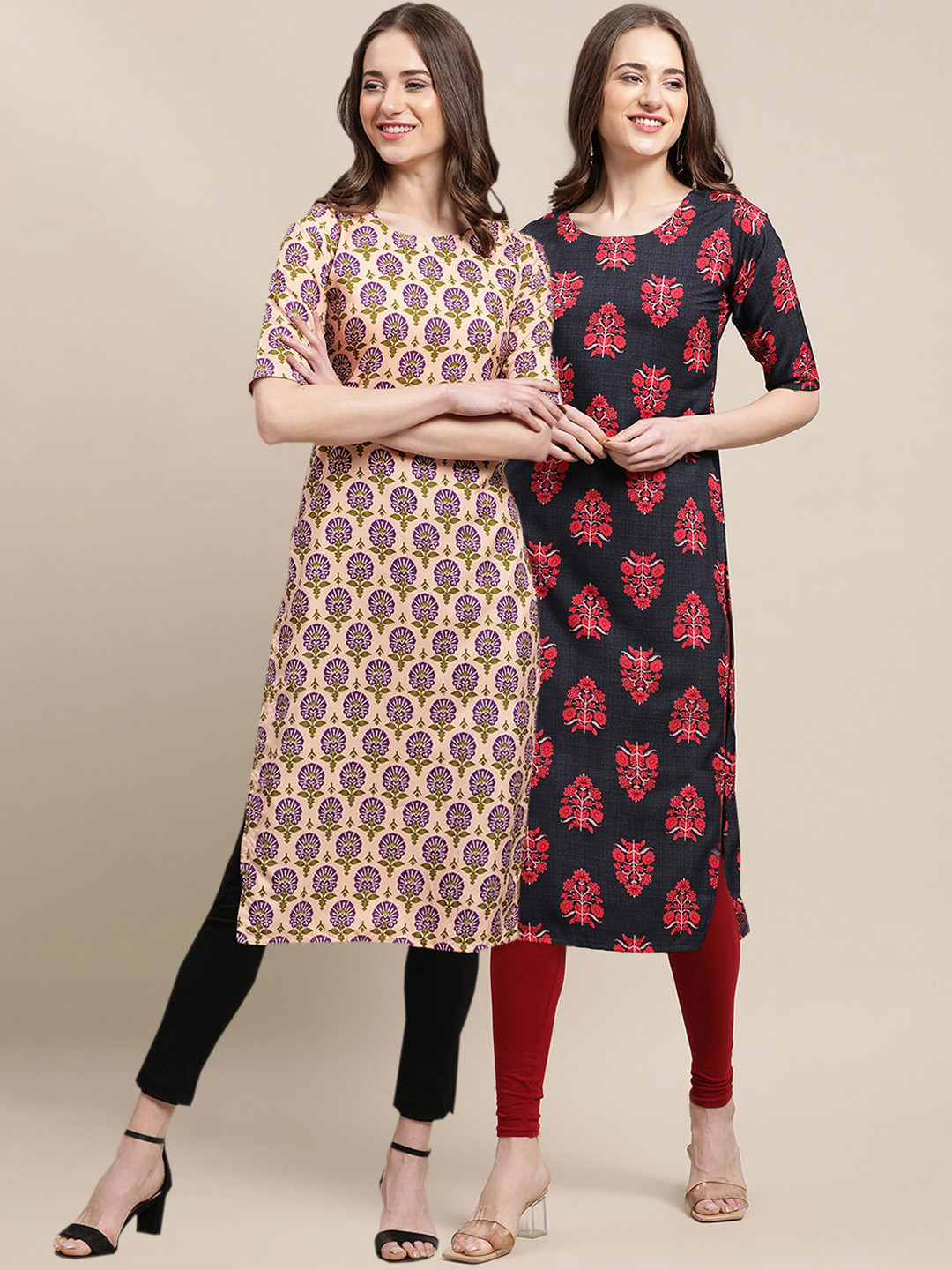 7Threads Women's Crepe Black & Beige Color  Ethnic Motifs Printed Straight Kurta (PACK OF 2)
