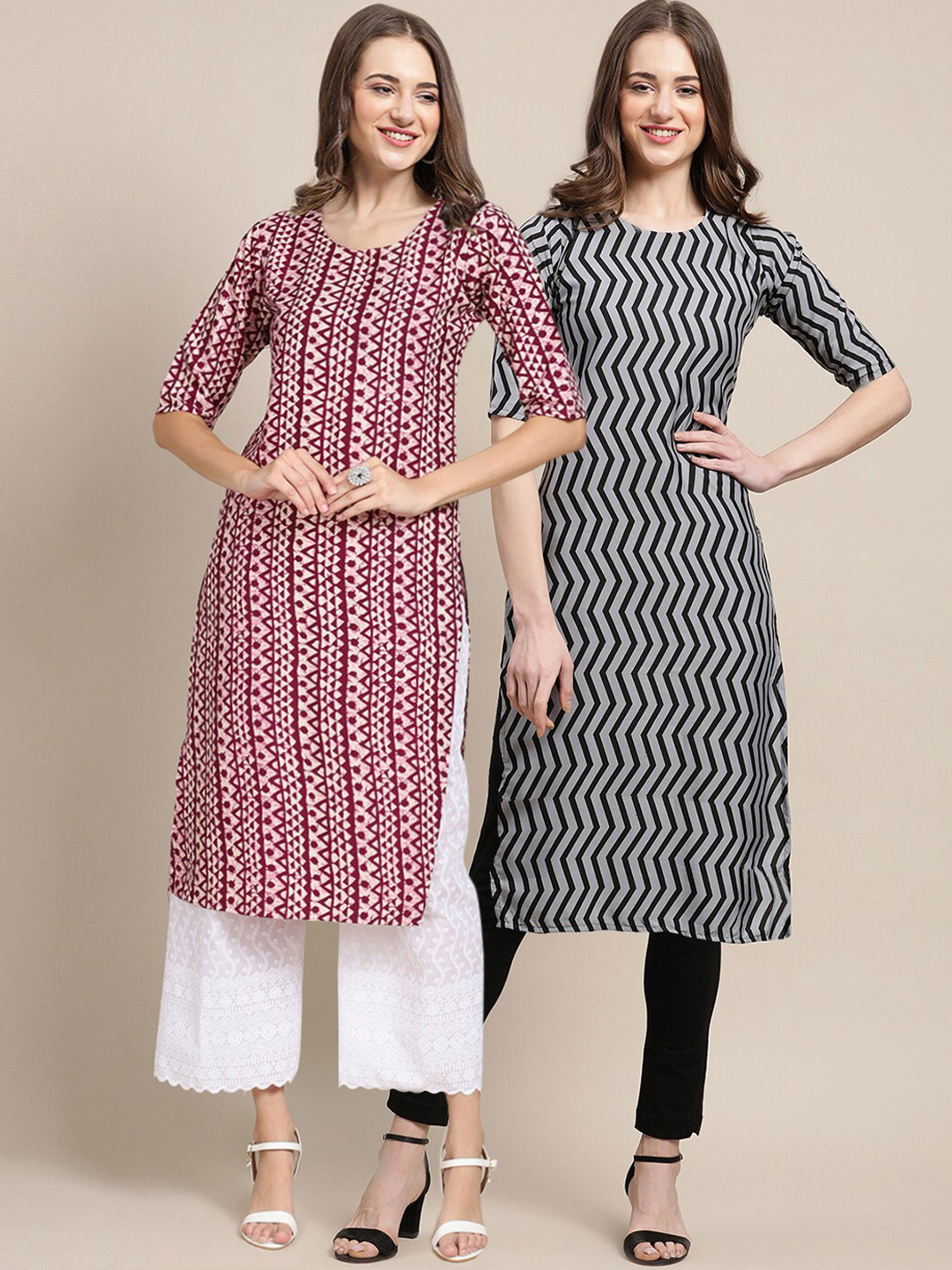 7Threads Women's Crepe Maroon & Grey Color Ethnic Motif Printed Straight Kurta (PACK OF 2)