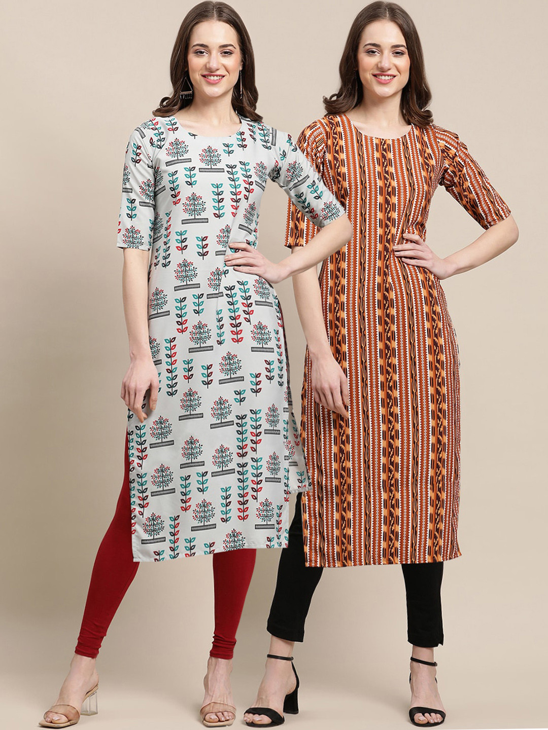 7Threads Women's Crepe Brown & Beige Color Ethnic Motif Printed Straight Kurta (PACK OF 2)