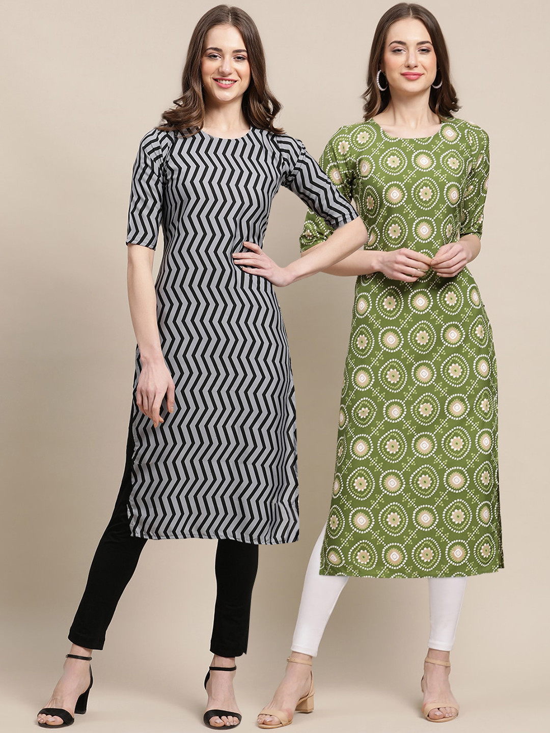 7Threads Women's Crepe Green & Grey Color Ethnic Motifs Printed Straight Kurta (PACK OF 2)
