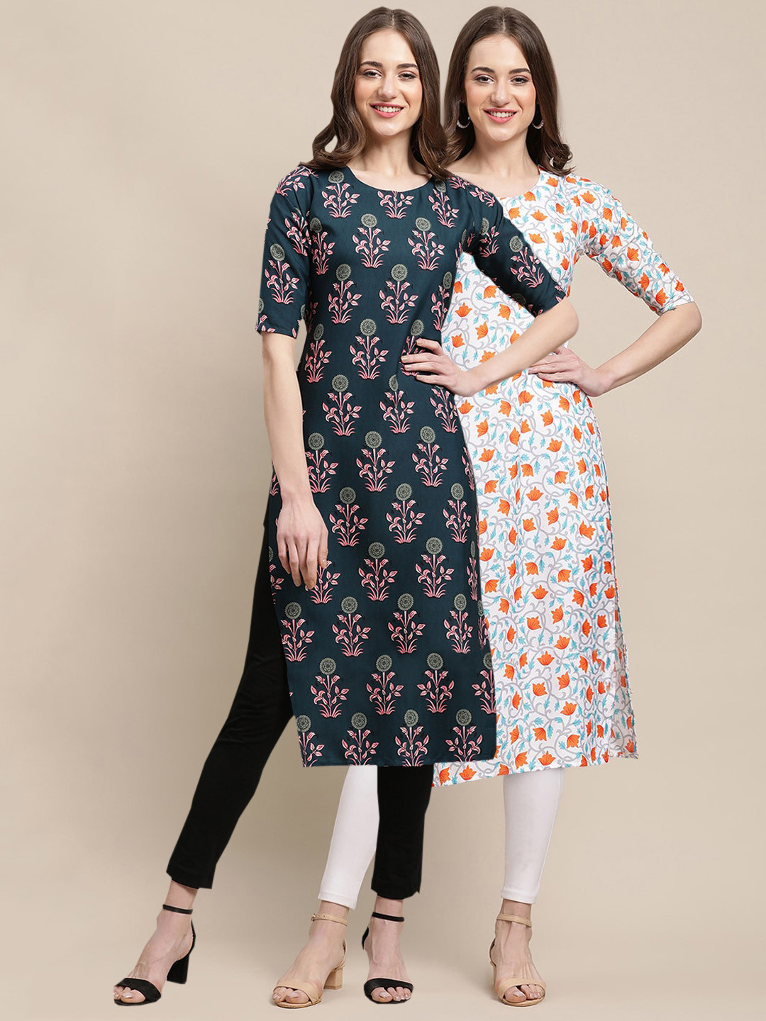 7Threads Women's Crepe Teal & Off White Color Floral Printed Straight Kurta (PACK OF 2)