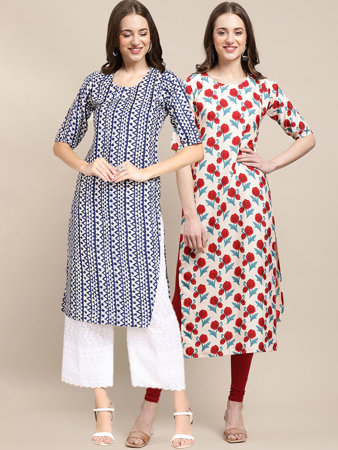7Threads Women Pack Of 2 Blue & Red Ethnic Motifs Printed Summer Sheers Crepe Kurta