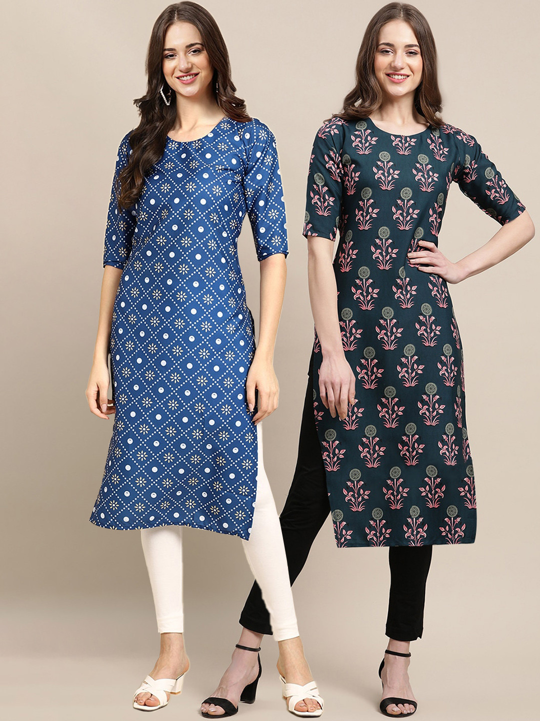 7Threads Women  Pack Of 2 Blue & Green Floral Printed Summer Sheers Crepe Kurta