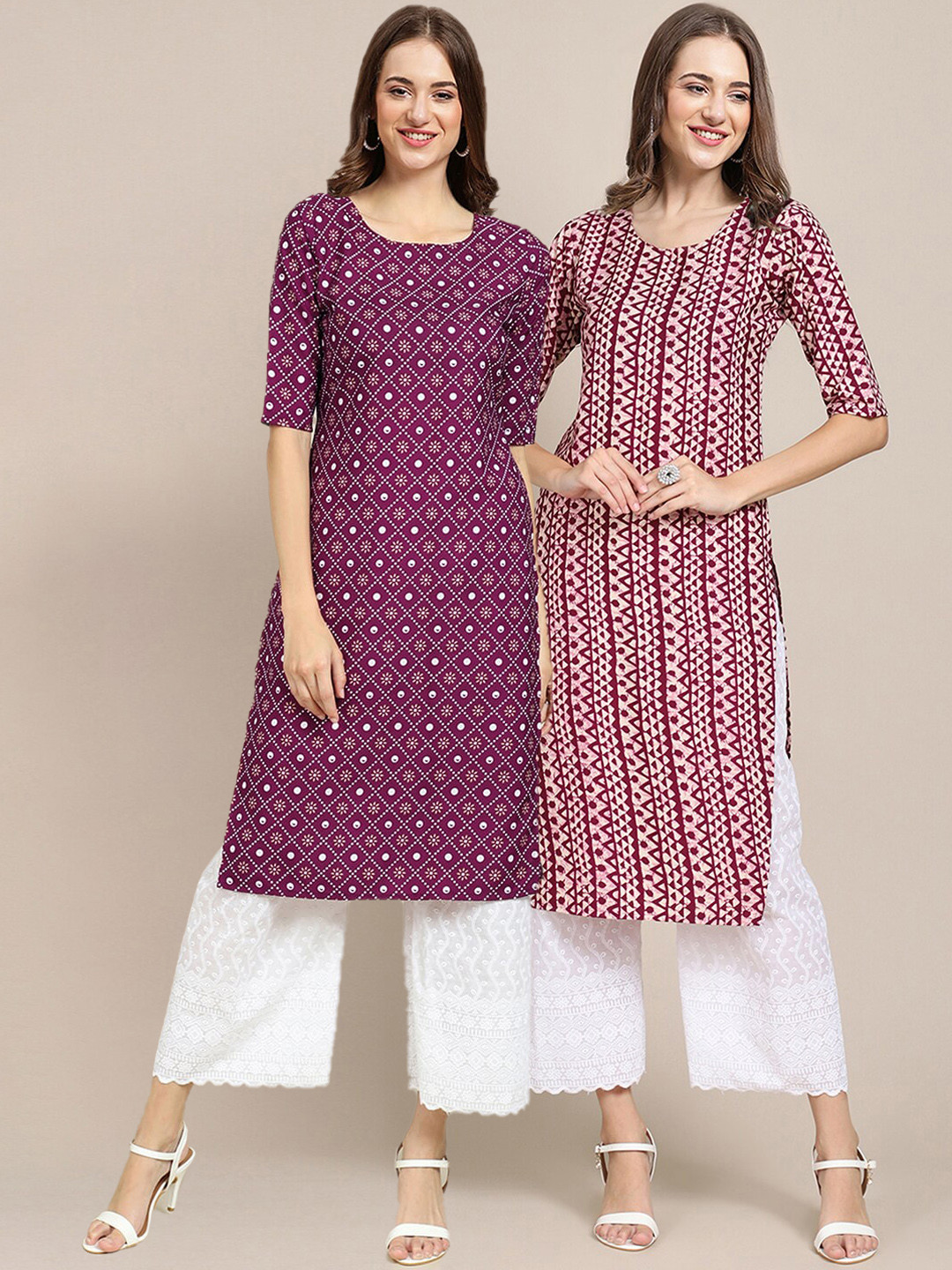 7Threads Women Pack Of 2 Violet & Maroon Geometric Printed Summer Sheers Crepe Kurta