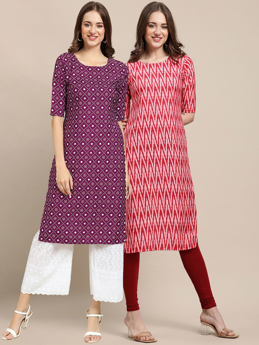 7Threads Women Pack Of 2 Violet & Red Geometric Printed Summer Sheers Crepe Kurta