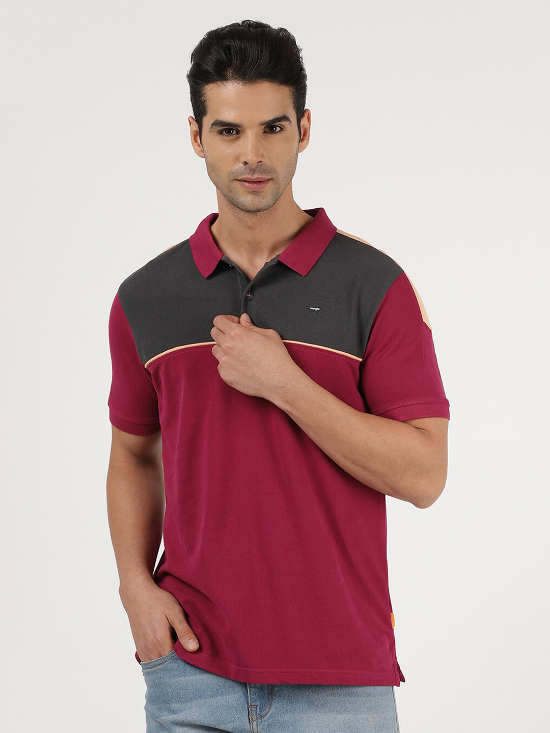 Wrangler Men Magenta & Olive Green Polo Collar Cotton T-shirt