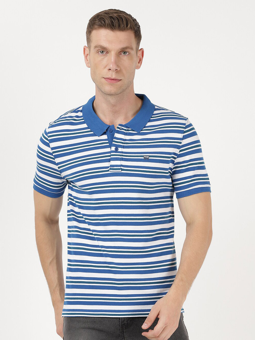 Wrangler Men Blue & White Striped Polo Collar Cotton T-shirt