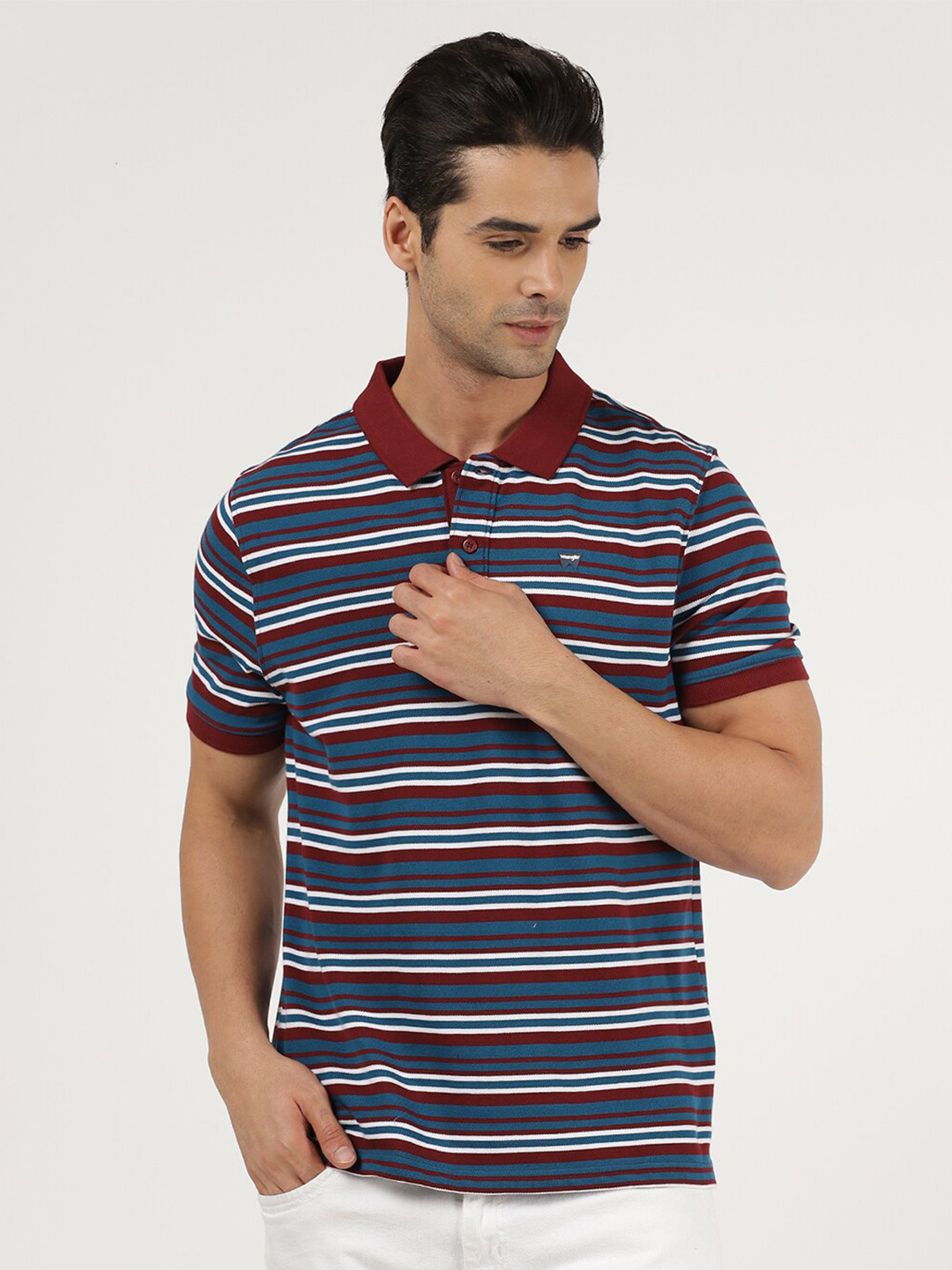 Wrangler Men Green & Maroon Striped Polo Collar Cotton T-shirt