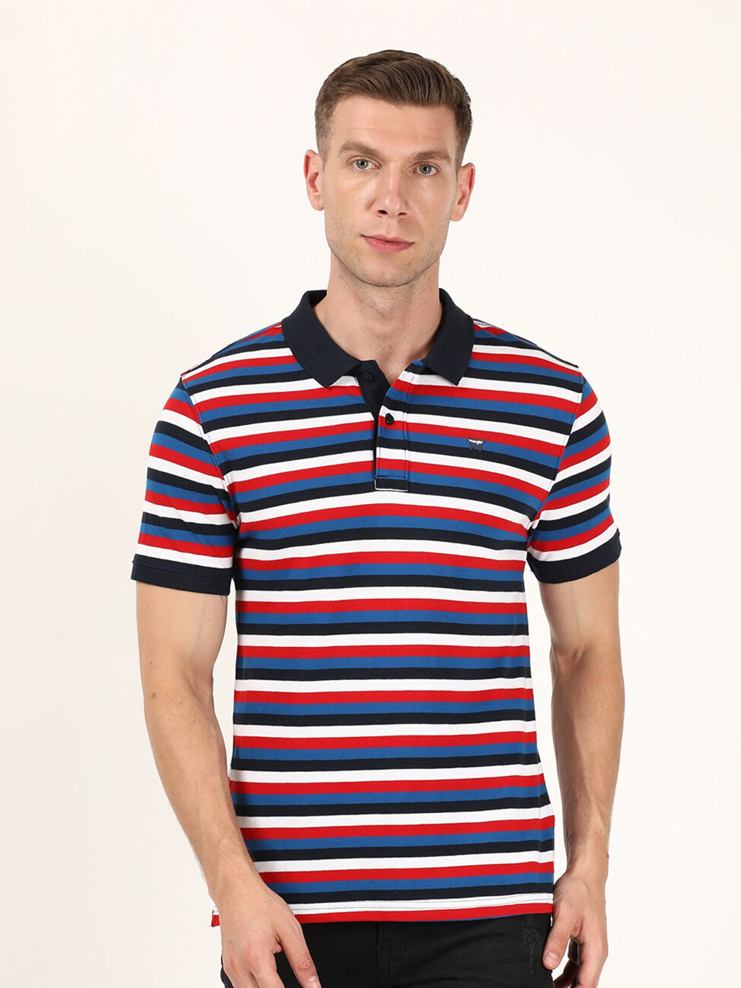 Wrangler Men Red & Blue Striped Polo Collar Cotton T-shirt