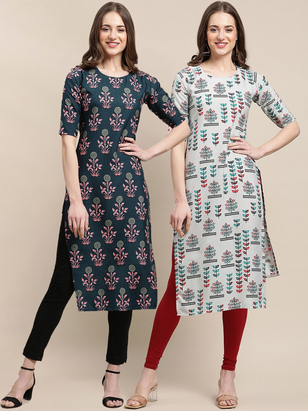 7Threads Women Pack of 2Green & Grey Floral Printed Crepe Kurta