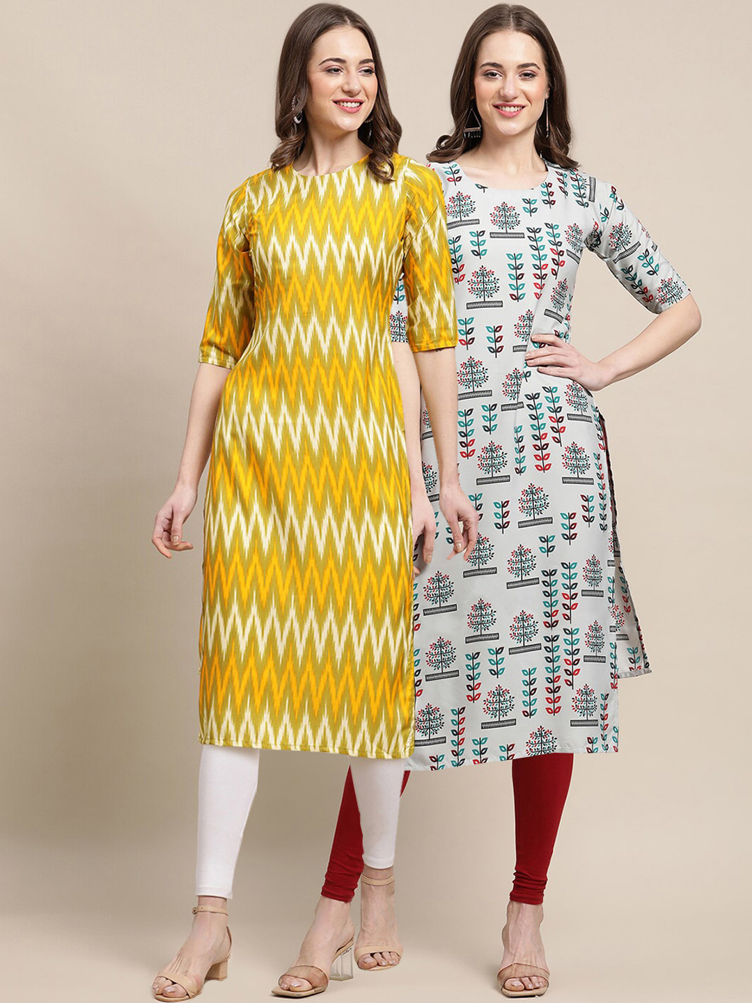 7Threads Women Pack of 2 Yellow & Cream-Coloured Printed Summer Sheers Crepe Kurtas