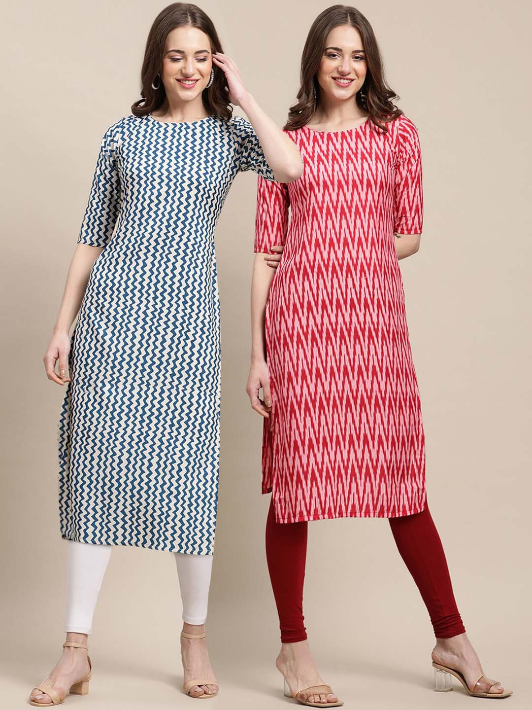 7Threads Women Pack Of 2 Blue & Cream-Coloured Geometric Striped Summer Sheers Crepe Kurta