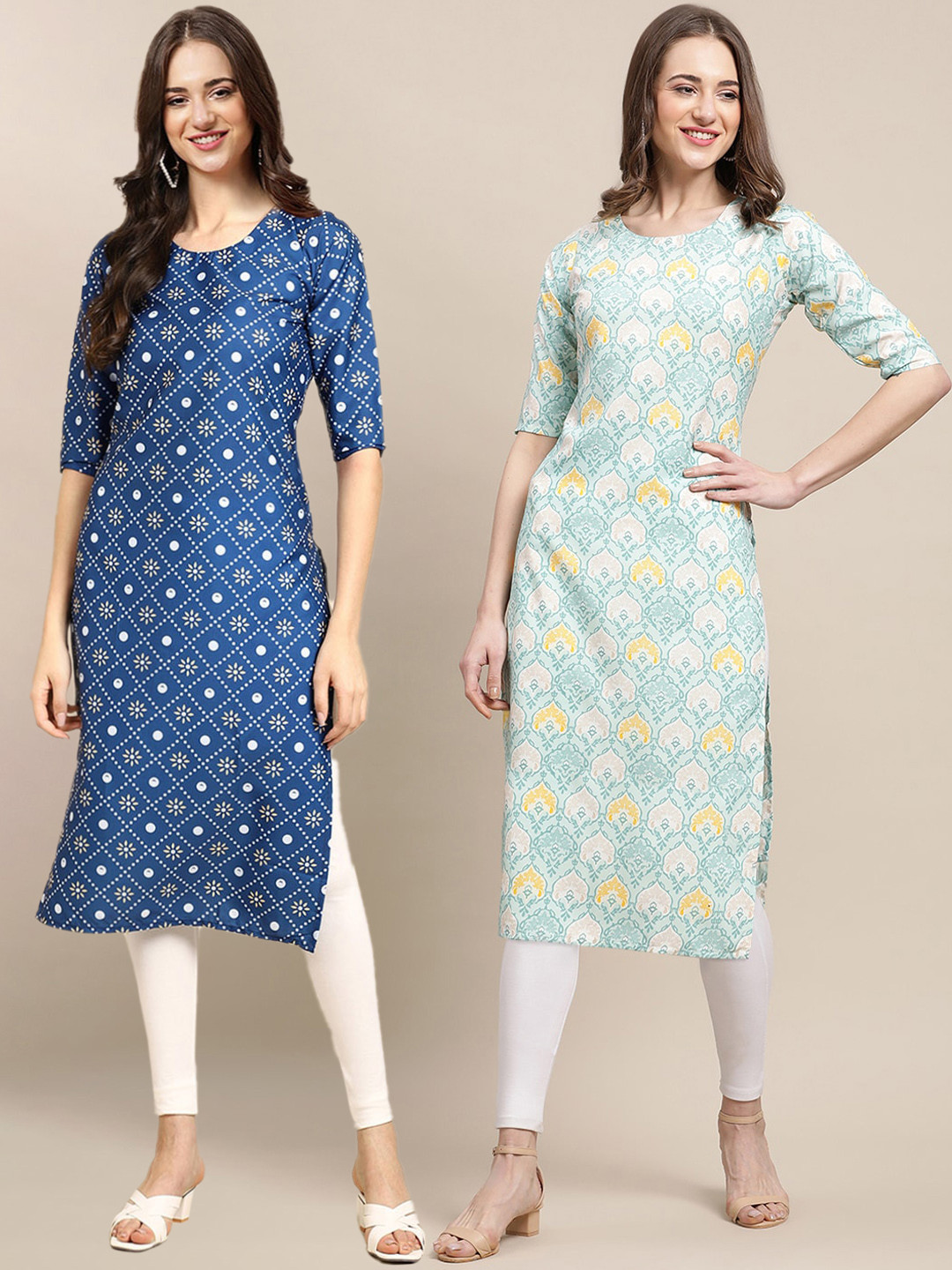 7Threads Women Blue & Sea Green Set Of 2 Printed Crepe Kurta
